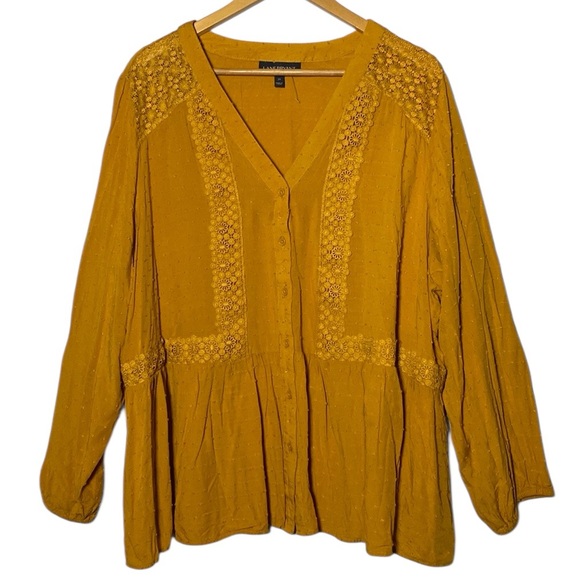 Lane Bryant Tops - Lane Bryant Boho Blouse Women’s 24 Yellow Mustard V-Neck Button Up Lace Shirt